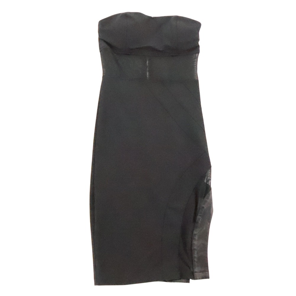 Stella Jamie Strapless Bodycon Dress Womens Size S‎ LBD Mesh Faux Leather Slit